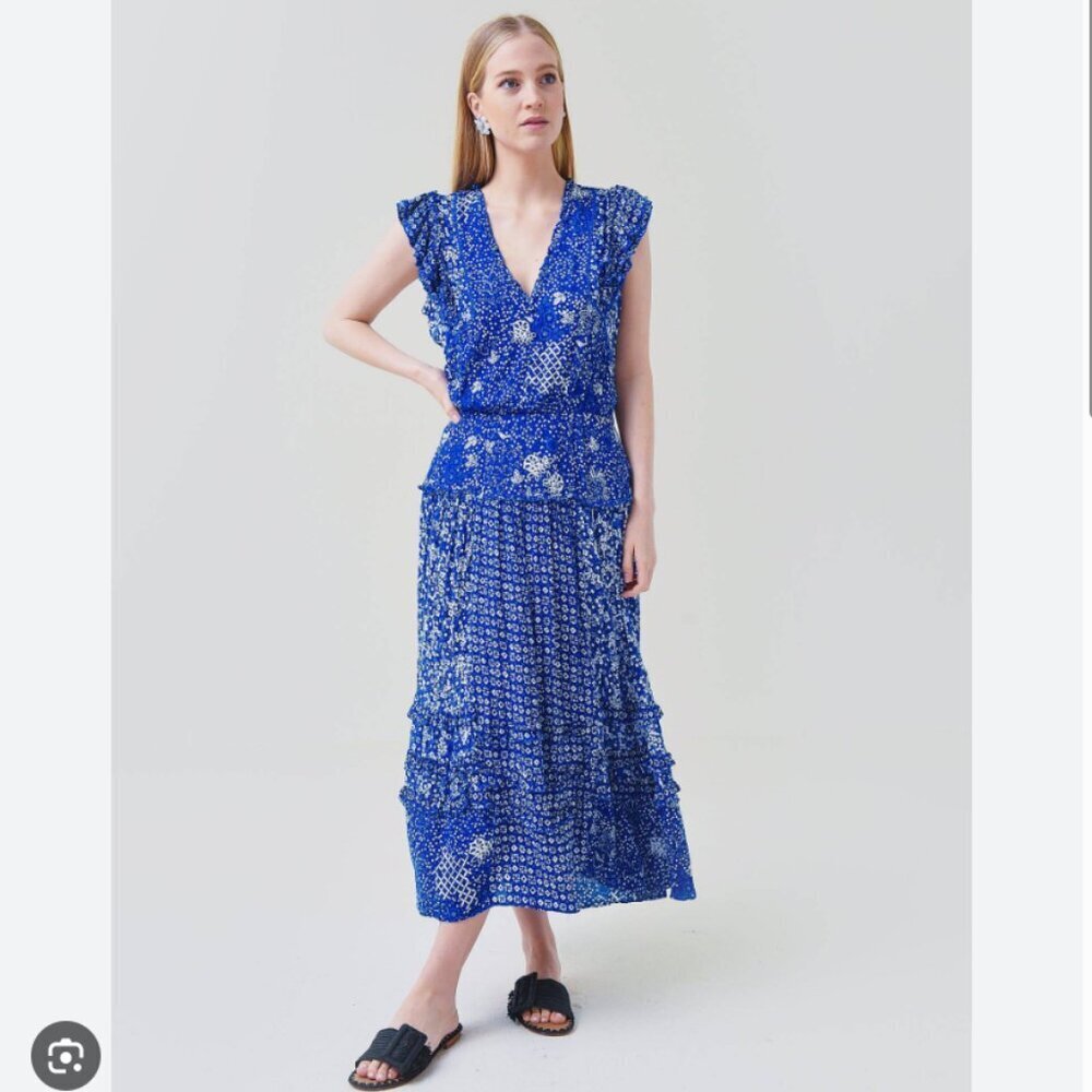 Poupette St Barth | Paulina Midi Dress Ruffle Tiered V-Neck Blue Antibes Size S - Picture 2 of 13